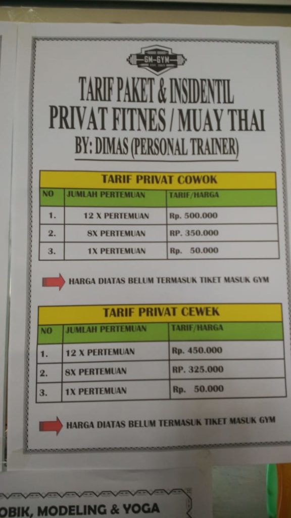 Brosur tarif Muay Thai di GM Gym